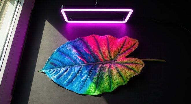 Vibrant Rainbow Painted Elephant Ear Leaf Under Neon Light.