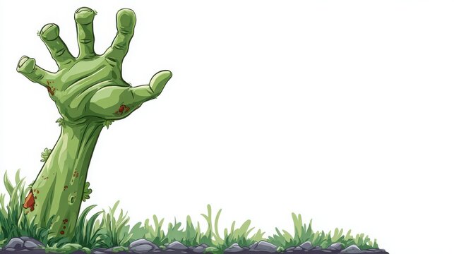 Zombie Hand Emerging from Ground Surrounded by Grass and Stones