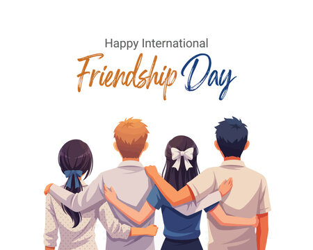 A group of four young friends standing together with their arms around each other, celebrating international friendship day