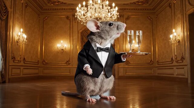 Elegant mouse serving champagne in grand ballroom waiter tuxedo tray luxury animal