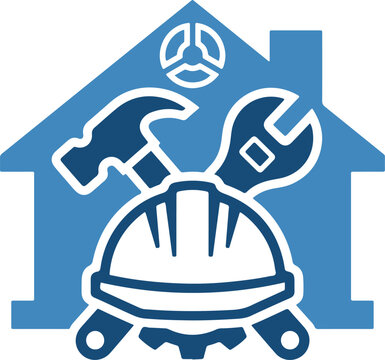 Home Repair and Maintenance Service Flat Vector Icon with House Helmet Hammer and Wrench
