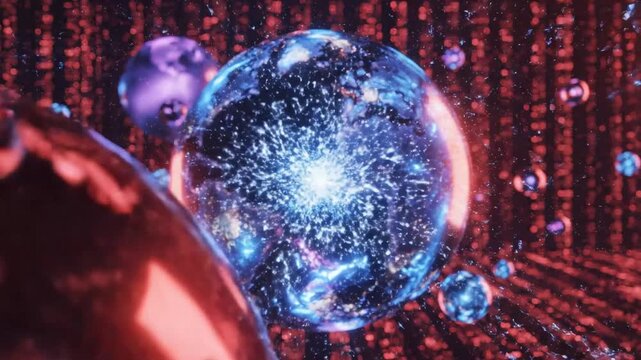 Glowing purple spheres over red digital matrix background.