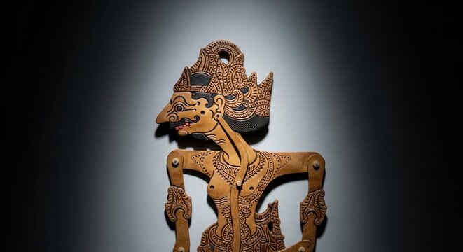 Traditional Indonesian Wayang Kulit Puppet with Intricate Carvings and Detailed Features.
