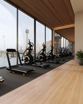 Modern gym room with treadmills and elliptical machines facing glass window city view 3D rendering