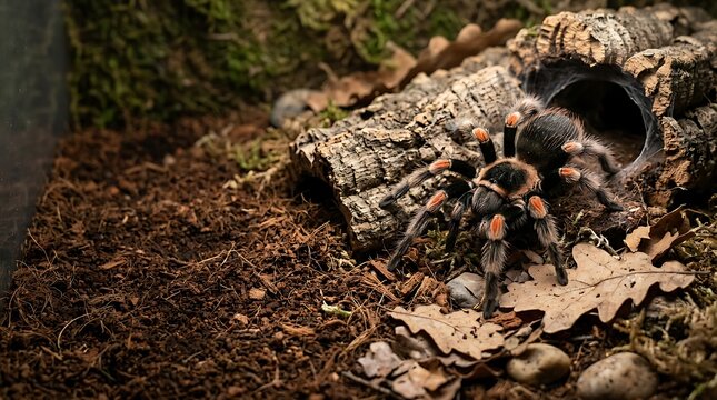 Mexican redknee tarantula crawling on soil near a cork bark hide