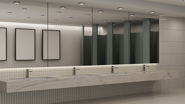 Modern public restroom interior with marble sink countertop and posters mockup 3D rendering