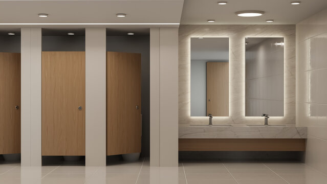 Modern public bathroom with wooden cubicle doors and illuminated mirrors 3D rendering