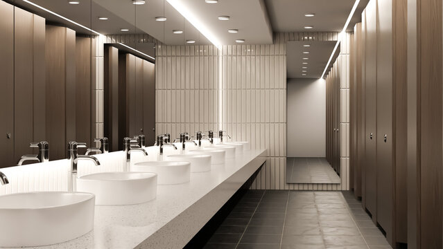 Modern commercial bathroom with vessel sink basins and wooden cubicles 3D rendering