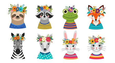 Fototapeta premium Cute woodland animals with floral crowns vector set, 8 cartoon animal portraits in clothes, whimsical forest creatures for nursery decor
