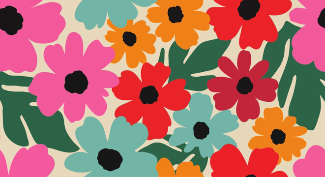 Retro floral seamless pattern, vintage 70s flower background with colorful blooms, hand drawn botanical vector illustration for textile and wallpaper