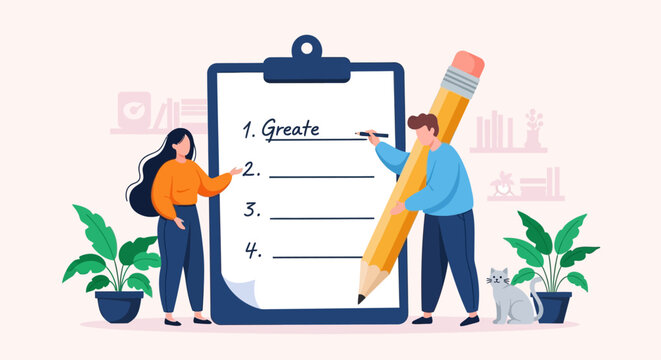 Flat vector illustration of people writing on a giant clipboard, business planning and goal setting concept, characters creating a numbered list with a large pencil