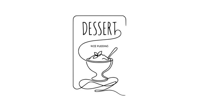 Minimalist Line Art of Rice Pudding Dessert in a Bowl with Spoon and Mint Leaf