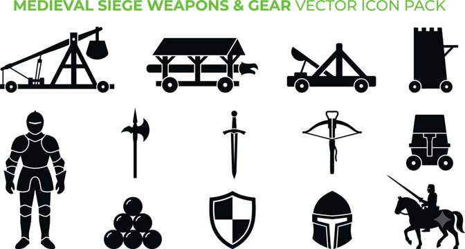 Medieval siege weapons, knight armor, and historical warfare gear black