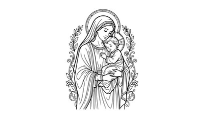 Obraz premium Title: Classic Virgin Mary with Child Jesus Decorative Line Art Vector for Devotional Design