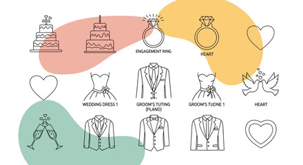Collection of wedding icons with cake, rings, attire, and hearts for invitations and decorations © Adam