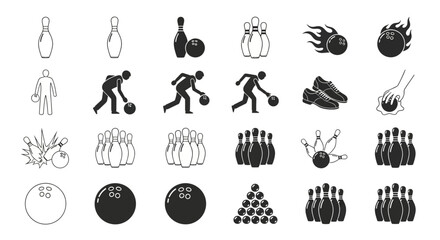 A comprehensive collection of bowling-themed icon concepts, showcasing various elements from player actions and equipment to pins and balls, ideal for sports-related digital designs © Adam