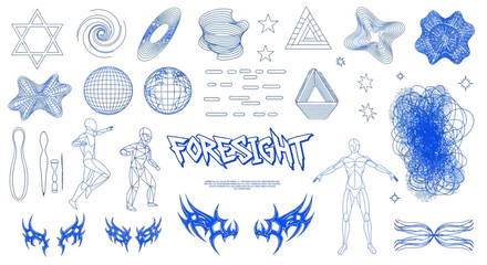 Blue Y2K futuristic vector set with geometric shapes, wireframe human figures, and foresight graphic elements for digital design © Adam