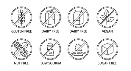 Set of black and white dietary restriction and allergen free line icons for food packaging and healthy lifestyle product labels © Adam