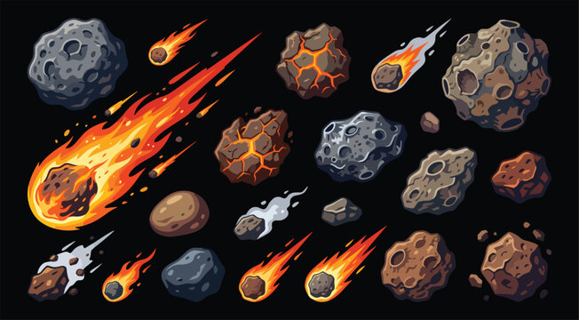 Set of realistic cartoon asteroids, meteorites, and burning comets falling through deep space isolated on a black background