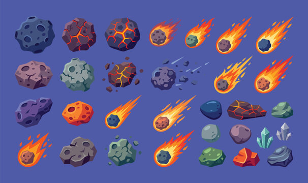 Stylized Space Asteroid and Meteor Collection with Lava Rocks and Falling Fireballs for Game Assets