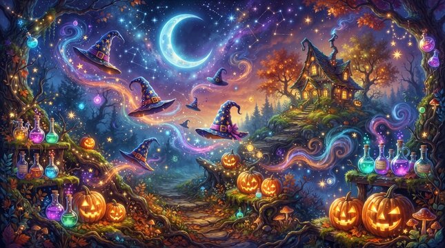 A magical Halloween background with glowing potions, floating witch hats, stars, crescent moon, smoke swirls, and enchanted pumpkins, fantasy illustration, 8k.