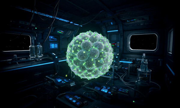 Green virus macromolecule or cell structure floating in a dark high-tech futuristic laboratory background