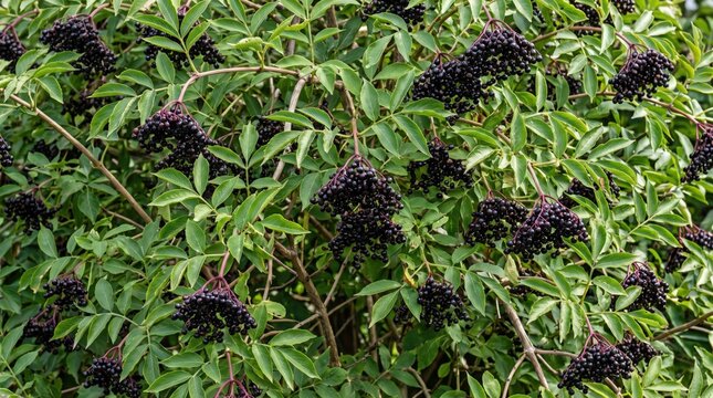Close-up of a lush elderberry bush with numerous clusters of ripe, dark purple berries hanging from green branches, surrounded by vibrant, serrated compound leaves in a natural garden setting