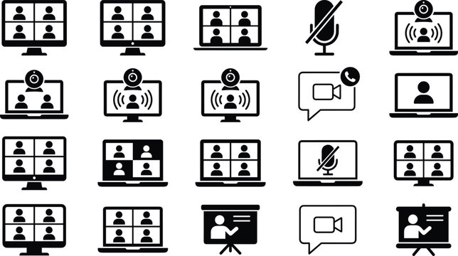 Video Conference and Online Meeting Icon Set with Webinar Display Laptop Screen Webcam and Microphone Symbols for Remote Work Team Communication Layouts