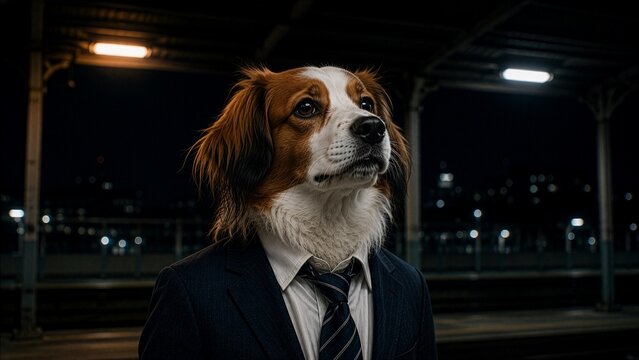 Business Kooikerhondje Dog Waiting on a Japanese Train Platform at Night. bust shot. AI generated