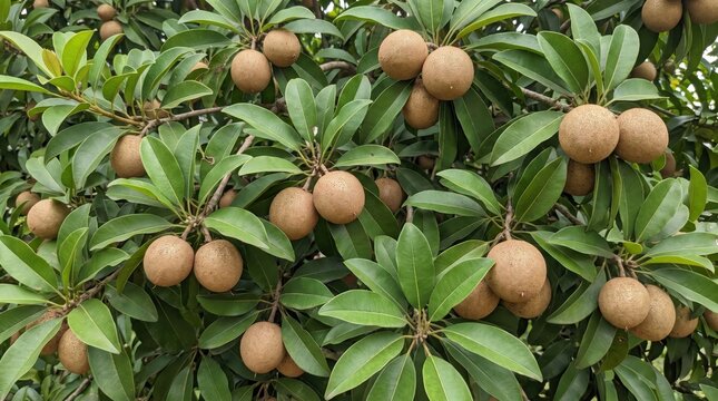Close-up of a sapodilla tree branch laden with numerous round, brown, textured fruits nestled among lush, vibrant green oval leaves in an orchard setting