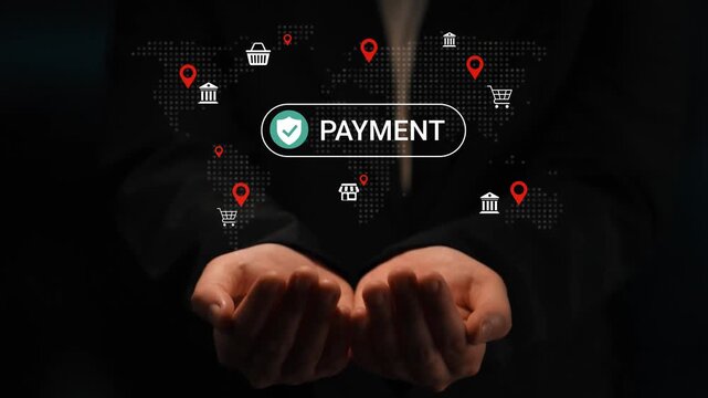 Businessman Holding Payment Concept with Digital Map of Shopping Locations and Icons for Online Transactions and E-commerce in a Modern Environment Gluon.