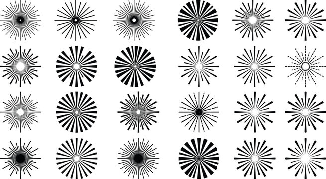Vintage Sunburst and Starburst Icon Set with Circular Sunbeam Light Rays for Retro Branding Geometric Logo Badges Sparkle Highlights and Festive Celebration Backdrops