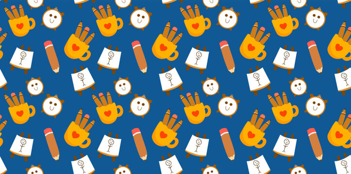 cute drawing hands pattern with tiny yellow art tools