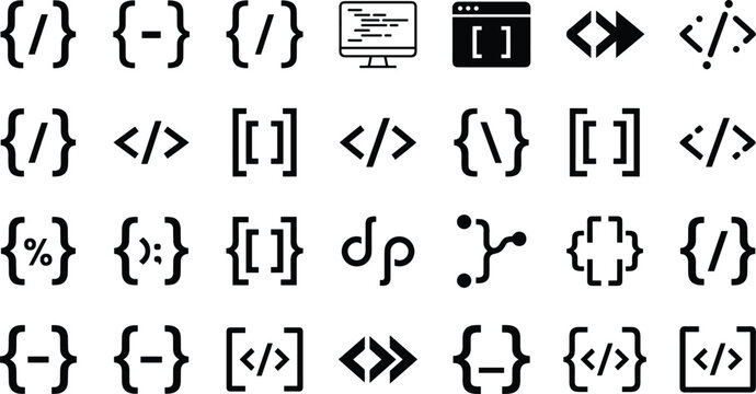 Web Programming and Software Coding Bracket Icon Set with HTML Tags and Development Symbols for Tech Websites Mobile Apps and UI Design