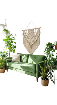 Green sofa with pillows and plants.