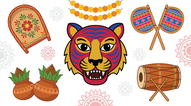 Bengali New Year Pohela Boishakh Vector Set with Royal Bengal Tiger Mask Kula Dhol Drum Kalash Hand Fan and Marigold Garland