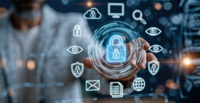 Man touching digital cyber security padlock interface.