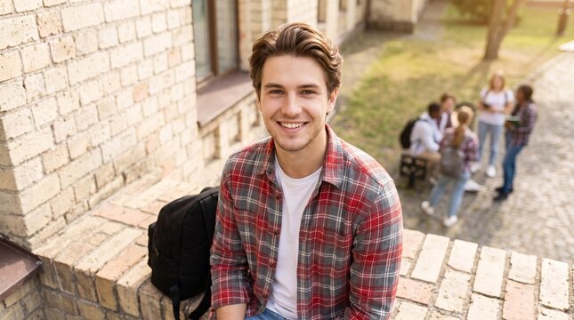 Commercial portrait photography of a handsome young male student leaning against a light brick wall wearing a red plaid shirt and backpack &ndash; university admissions banner, youth apparel marketing, stud
