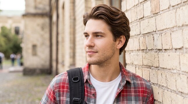 Commercial portrait photography of a handsome young male student leaning against a light brick wall wearing a red plaid shirt and backpack &ndash; university admissions banner, youth apparel marketing, stud
