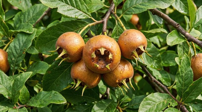 Cluster of ripe brown medlar fruits with textured skin and star-shaped calyxes hanging on a leafy green branch, mespilus germanica growing in a garden setting