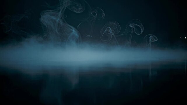 Mystical smoke patterns rising over dark reflective water with peaceful atmospheric fog