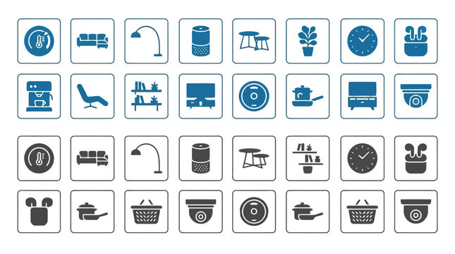 Household and smart home accessories icon set with various domestic items and electronic gadgets.