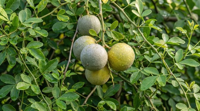Cluster of round, green and yellow bael fruits hanging from a leafy tree branch with thorns in a garden setting, showcasing natural textures and organic growth patterns