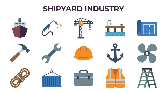 Maritime and shipyard construction icons for marine engineering