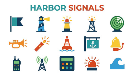 Maritime harbor signal icons including lighthouse buoy and radar © Multivision