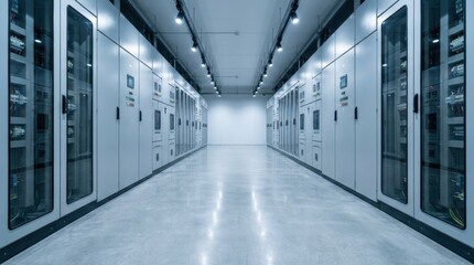 Fototapeta premium Modern Industrial Data Center Hallway with Server Racks and Control Panels for Enterprise Infrastructure Website Banner Hero Header and Wide Background