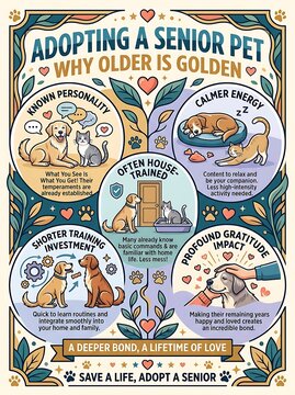 Benefits of adopting senior dogs and cats educational infographic