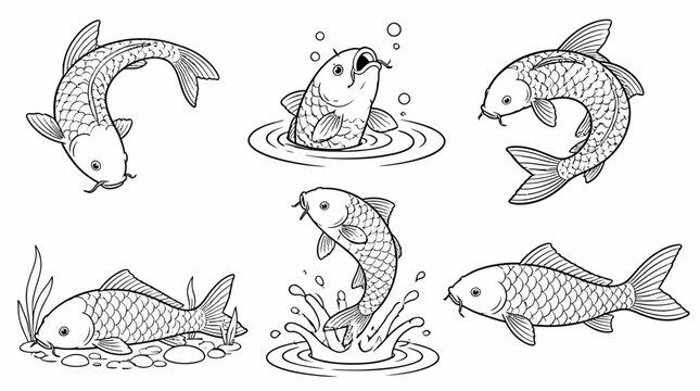 Koi fish line art set in dynamic poses, coloring book illustration