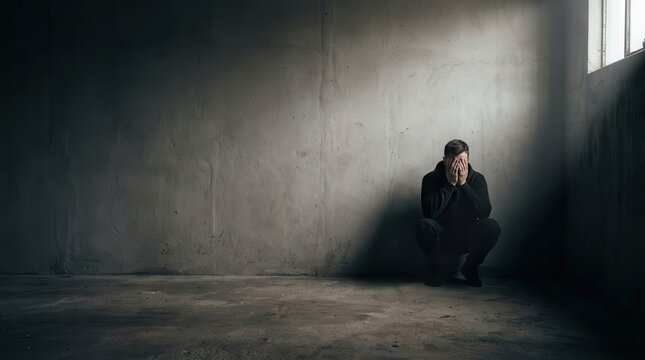 Sad Man Crouching in Dark Concrete Room for Mental Health Awareness Website Banner with Copy Space; Emotional Concept of Loneliness, Depression, and Isolation in Wide Hero Header Background