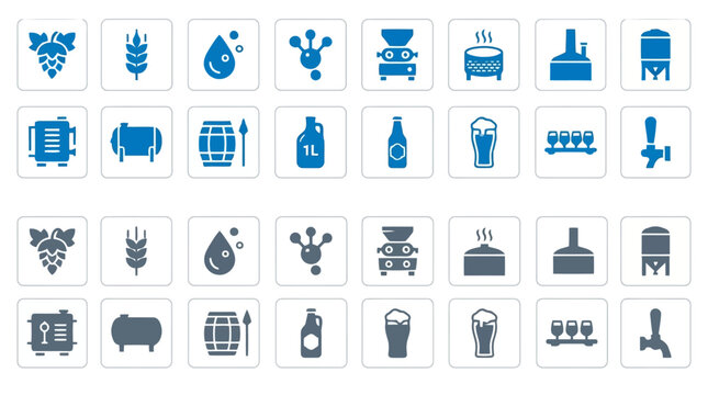 Set of brewery and beer production icons in flat design style.